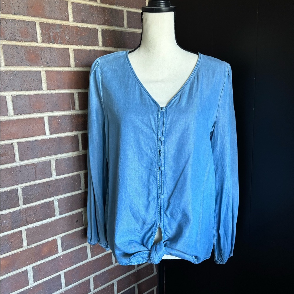 ANN TAYLOR LOFT Blouse CHAMBRAY DENIM Tie Top Blouse Size Large